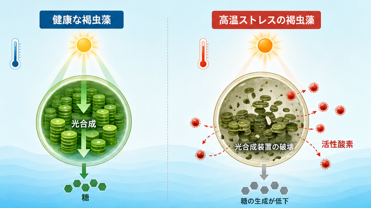 健康な褐虫藻の光合成と、高水温で光阻害を受け活性酸素が漏れ出す褐虫藻を対比したフラット図解