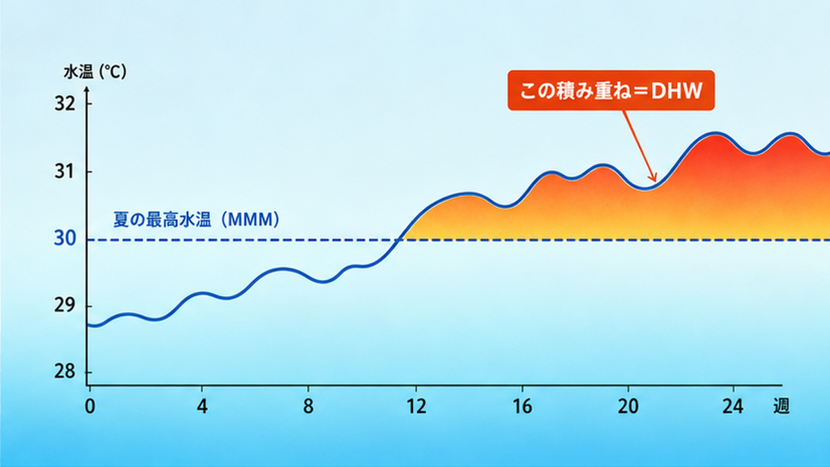 夏の最高水温を超えた分の熱ストレスが週ごとに積み上がってDHWになる仕組みを示した折れ線グラフ風のフラット図解