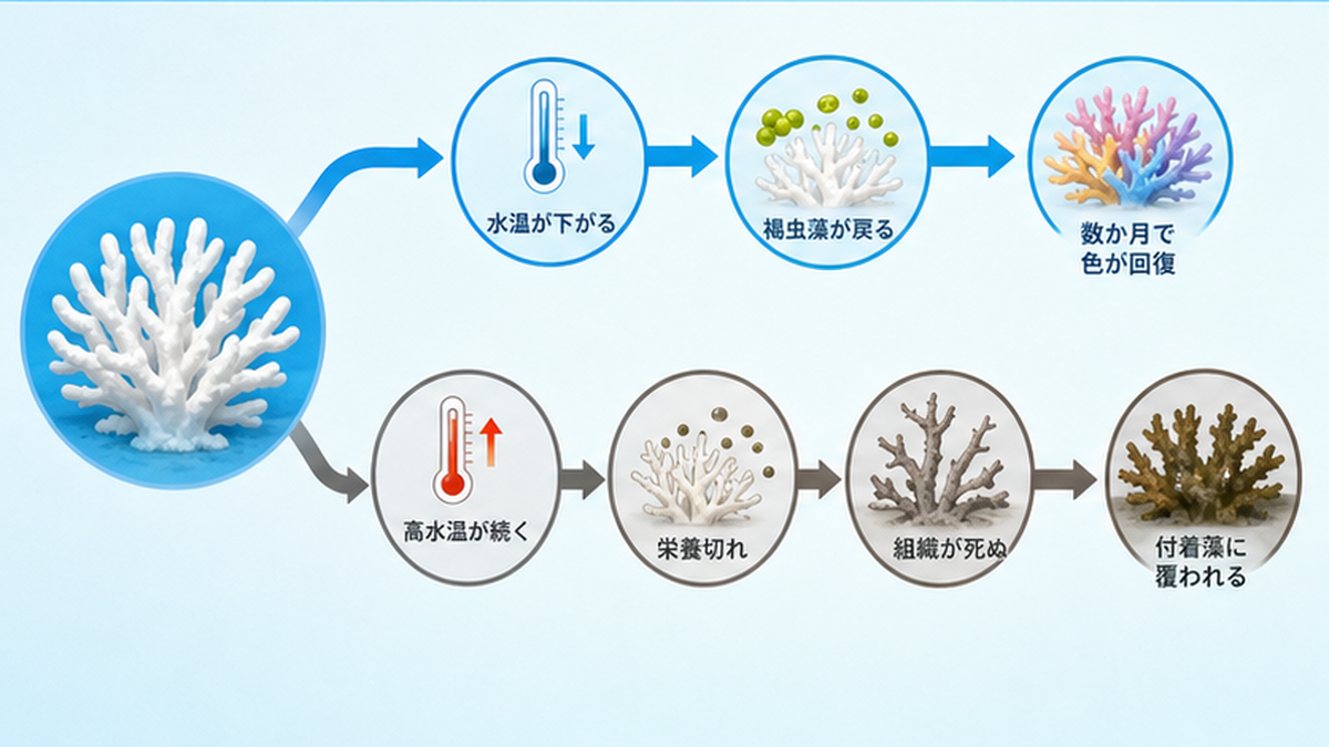 白化したサンゴが水温低下で回復する経路と、高水温継続で死滅する経路に分かれる分岐図のフラットイラスト