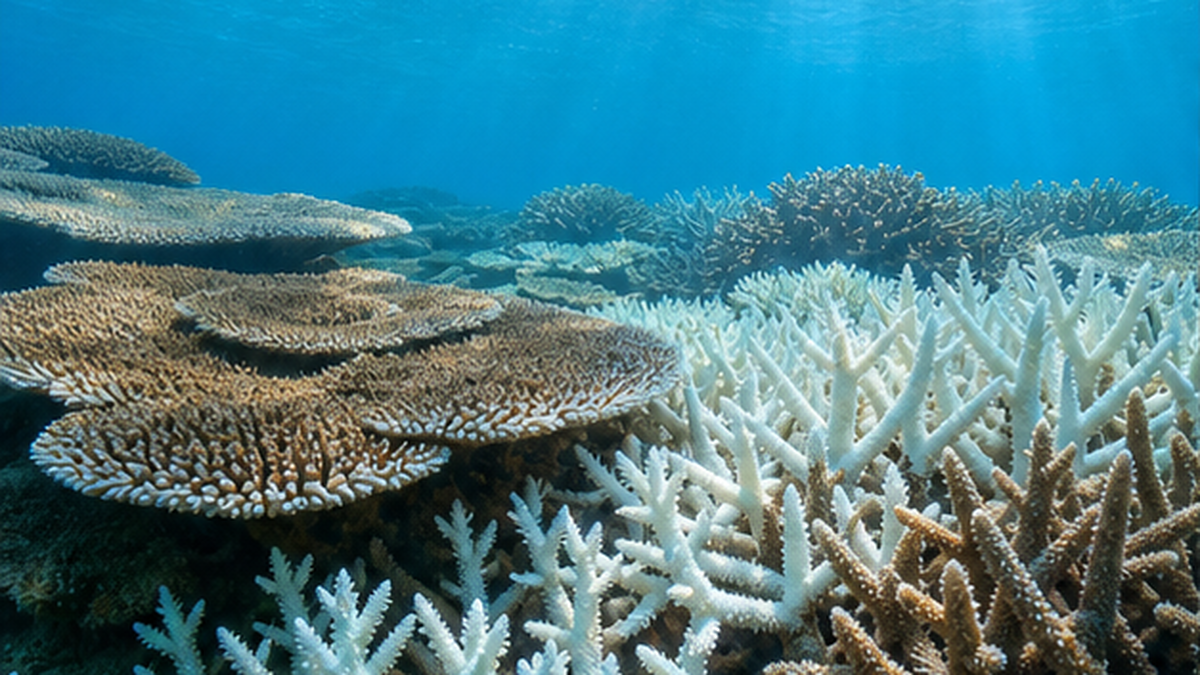 沖縄・石西礁湖の浅い海に広がるサンゴ礁を水中から撮影した写真。健全な部分と白化した部分が混在する