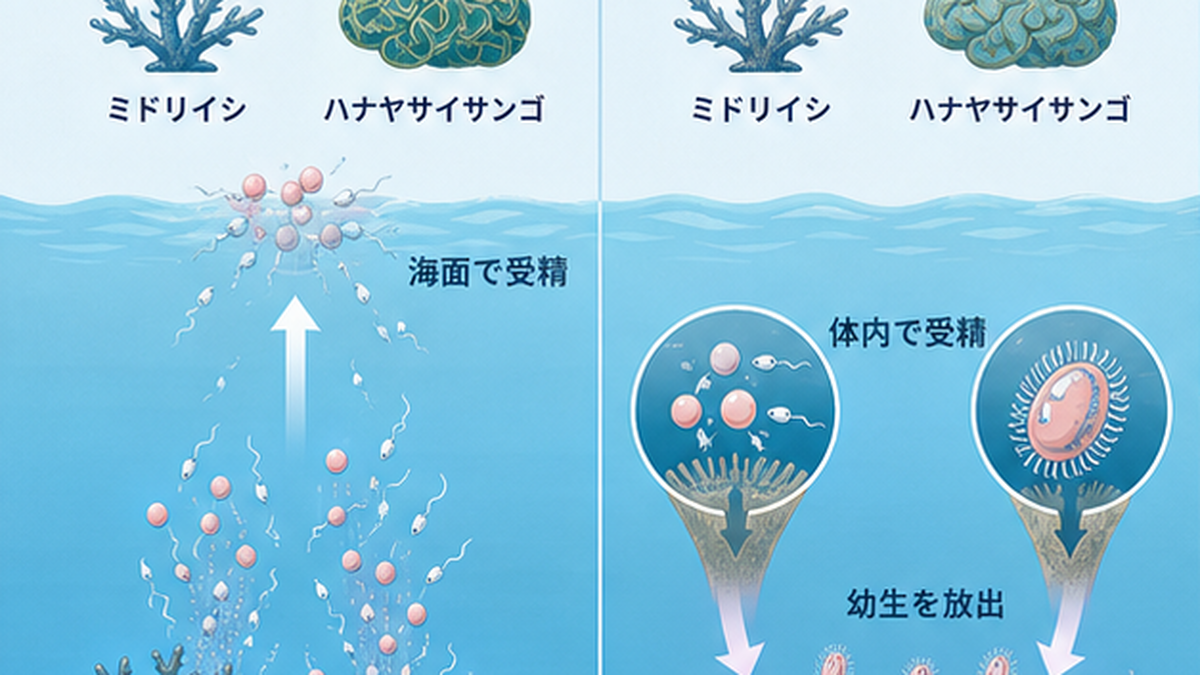 放卵放精型と幼生保育型の二つのサンゴの繁殖方法を左右で対比したフラット図解