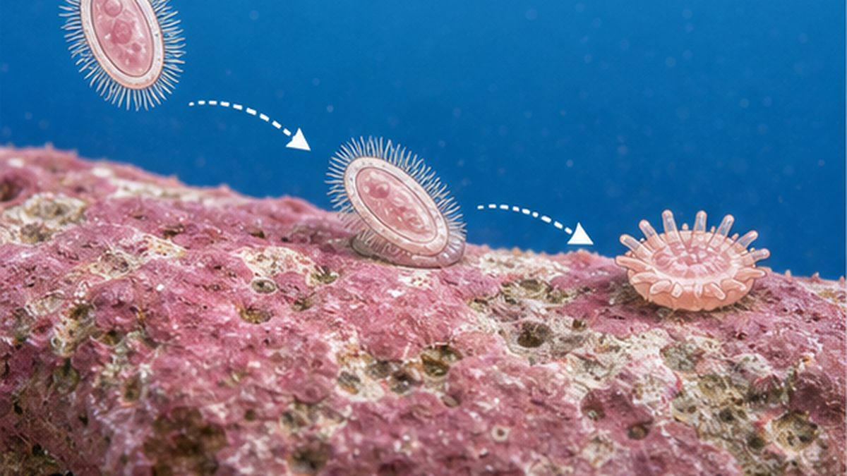 ピンク色の石灰藻に覆われた岩にプラヌラ幼生が着底し、変態してポリプになる様子を描いたフラット図解