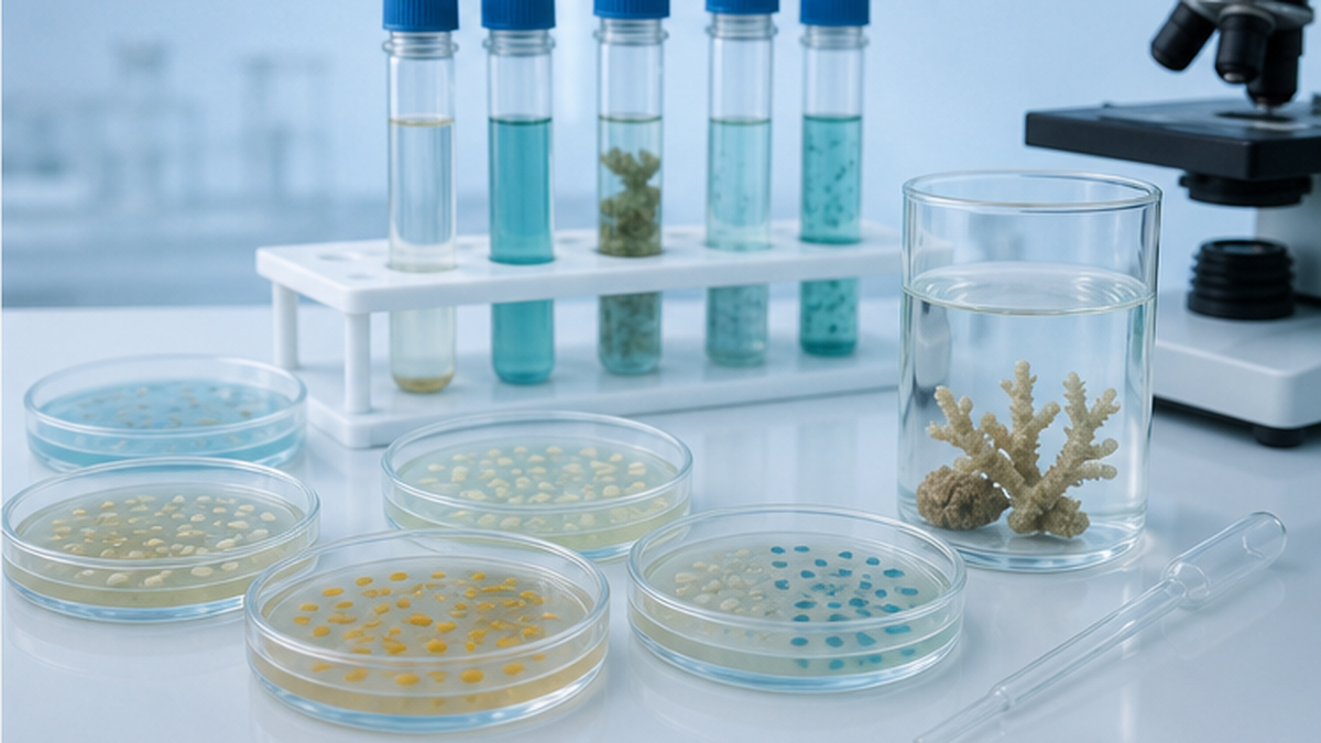 培养自珊瑚分离的细菌、筛选有益菌的研究场景示意