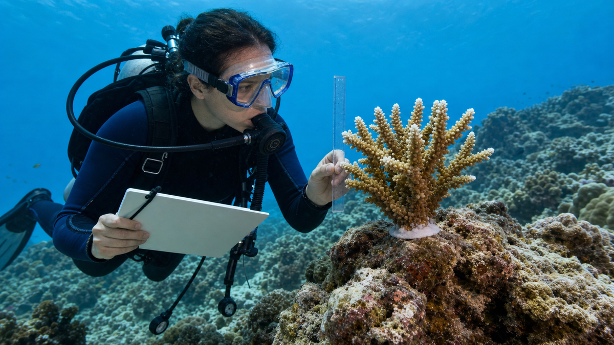 ダイバーが植え付けたサンゴの成長をメジャーで測定しモニタリングする様子