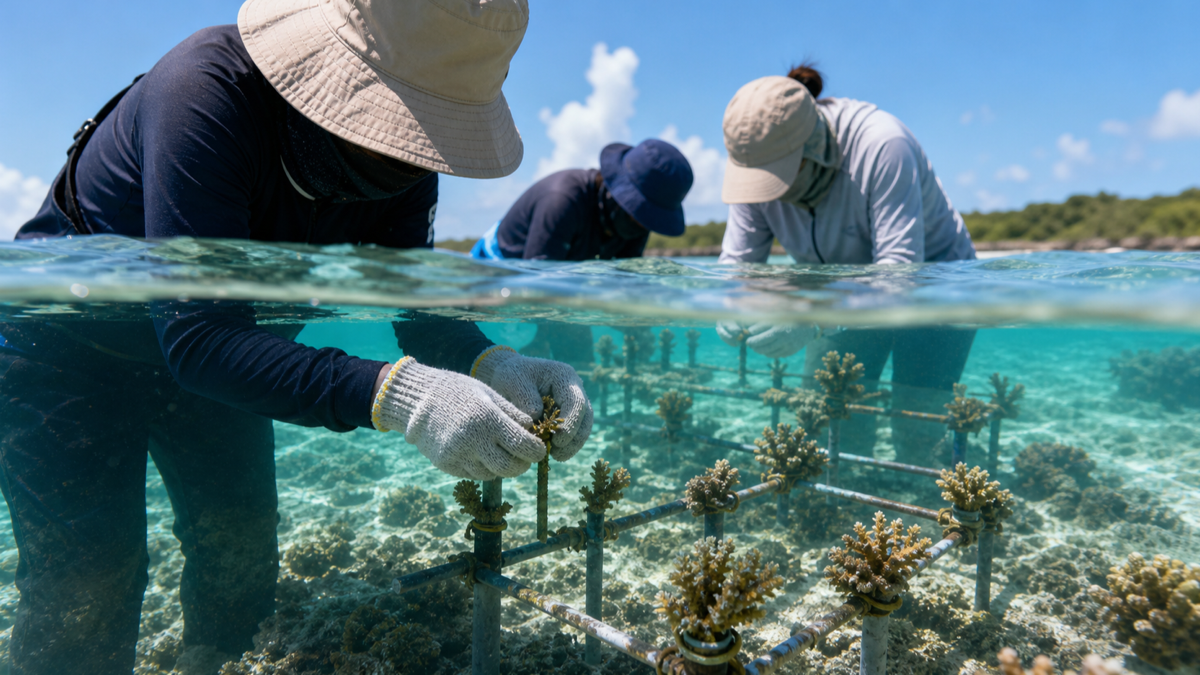 沖縄の浅いサンゴ礁のラグーンで苗づくり体験をする人々