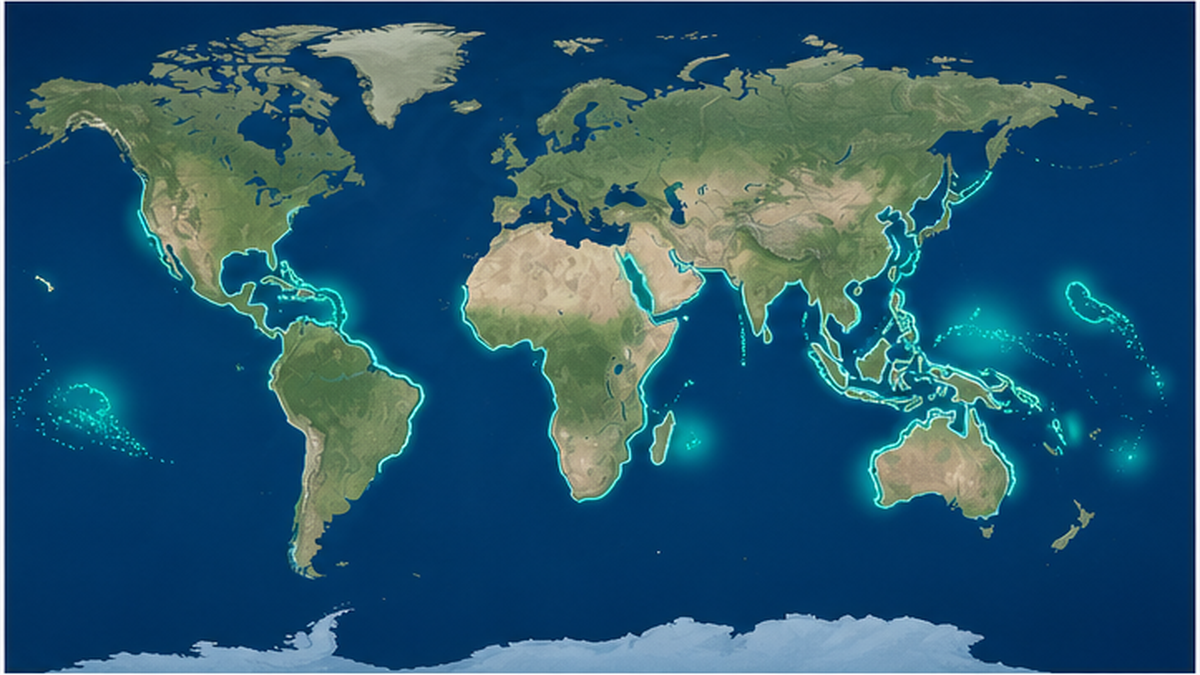 世界地図上でサンゴ礁の分布と、防災の恩恵が大きい国々を青系で強調したフラットな図解