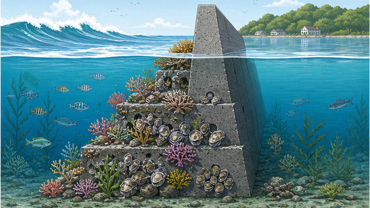 コンクリート防波堤の表面にサンゴが着生し、自然と人工が一体化した生物共生型防波堤のフラットなイラスト