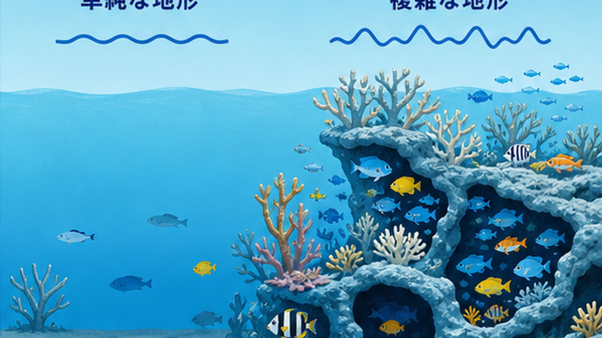 平らな海底より枝や穴が入り組んだ複雑なサンゴ礁のほうが多くの魚がすめることを左右で対比したフラット図解
