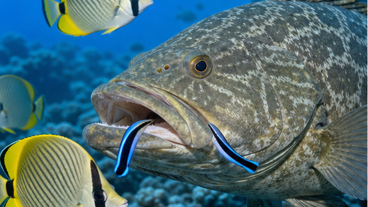 クリーニングステーションで大きな魚がホンソメワケベラに体の寄生虫を掃除してもらっている相利共生の水中写真