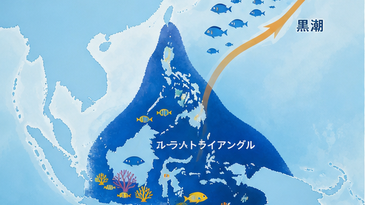 コーラルトライアングルを中心に黒潮で日本の南西諸島までサンゴと魚の多様性がつながる様子を示した地図風フラット図解