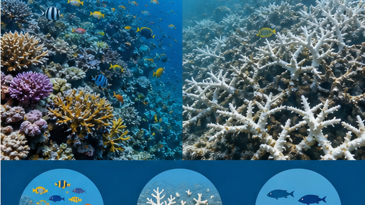 健全で魚が群れる色鮮やかなサンゴ礁と、白化してくずれ魚が去った単調なサンゴ礁を左右で対比したフラット図解