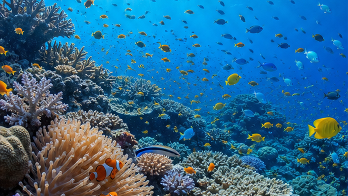 太陽光が差し込む健全なサンゴ礁で色とりどりの魚が群れ泳ぐ、生命の豊かさと希望を象徴する水中写真