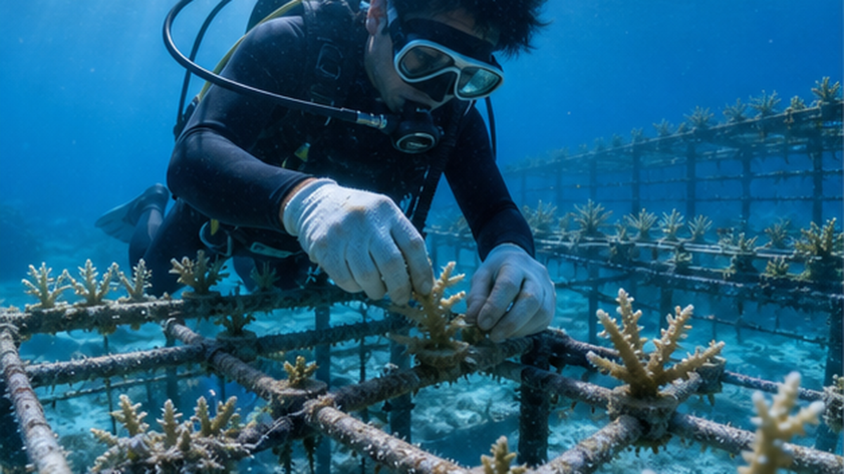 ダイバーが海底の養殖棚にサンゴの断片を植えつけている作業風景