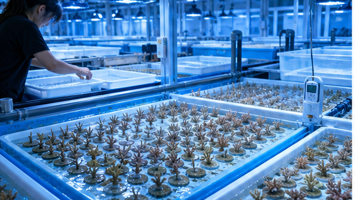 陸上養殖施設の水槽に並ぶ稚サンゴの種苗と、管理する研究者の様子