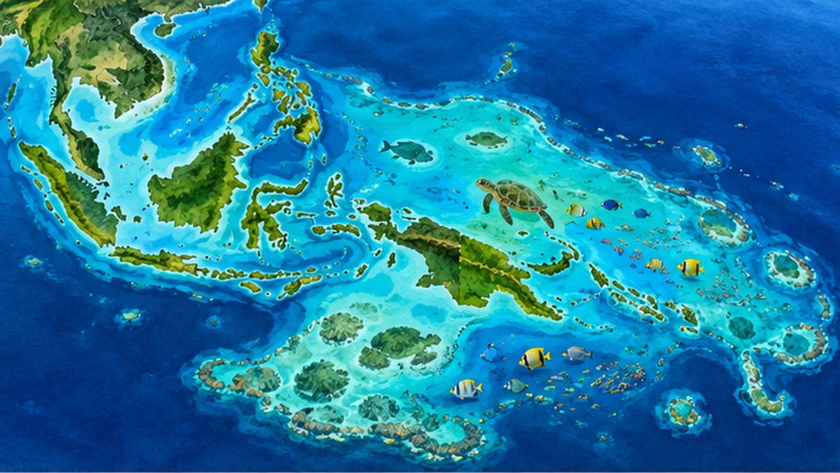 コーラルトライアングル6か国の位置と、色とりどりのサンゴ礁・魚が集まる海のイメージ