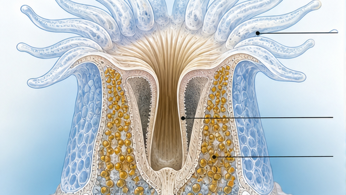 サンゴのポリプの断面図。触手・口・共生する褐虫藻・炭酸カルシウムの骨格を示した図解