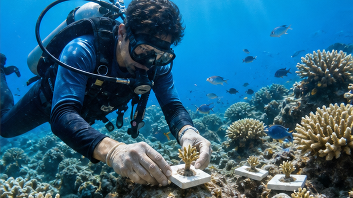 ダイバーが海底の岩盤に育てた稚サンゴの苗を植え付けるサンゴ移植の様子