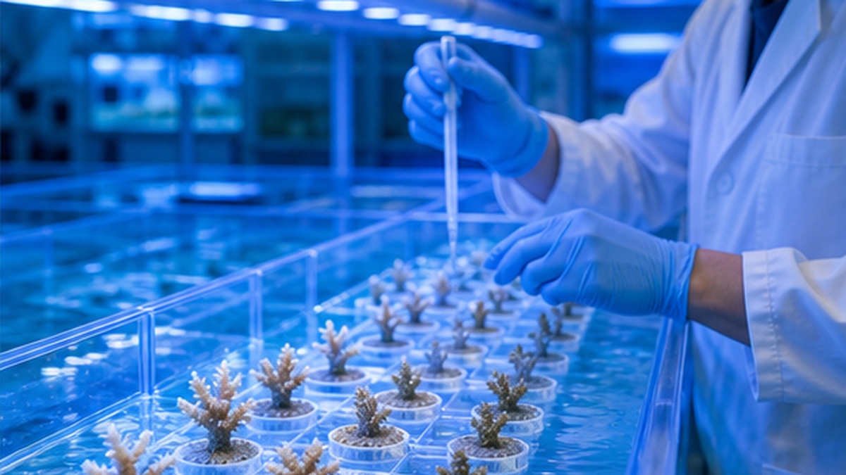 研究者が水槽でサンゴの稚サンゴを育てる、サンゴ種苗生産の研究室のイメージ