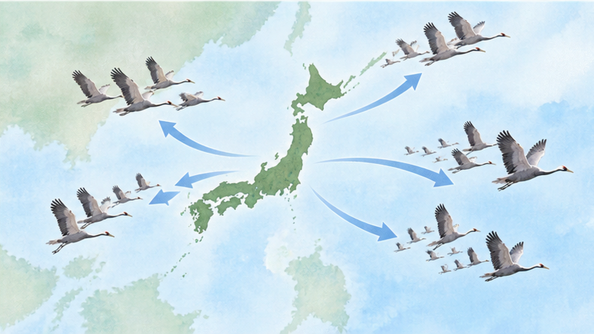 複数の越冬地へ分かれて飛ぶツルのイメージ