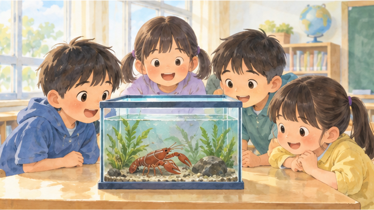 教室の水槽でアメリカザリガニを観察する子どもたちのイラスト