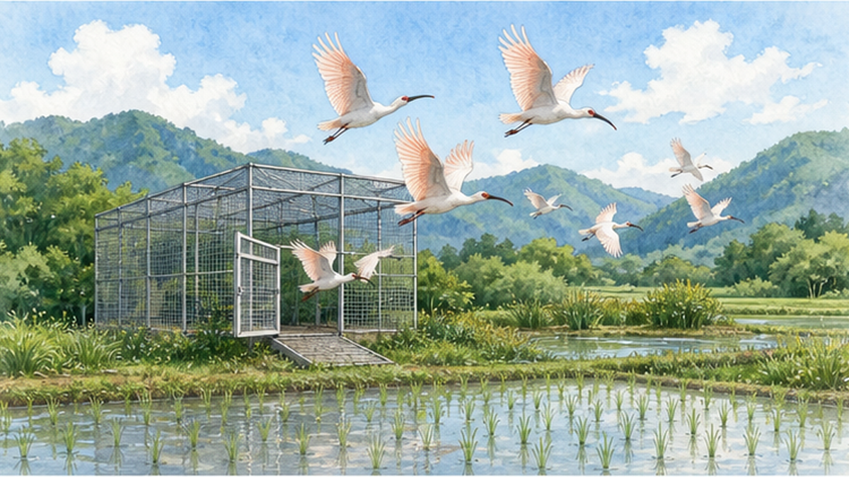 順化ケージから放たれたトキが佐渡の里山へ飛び立つ様子のイラスト