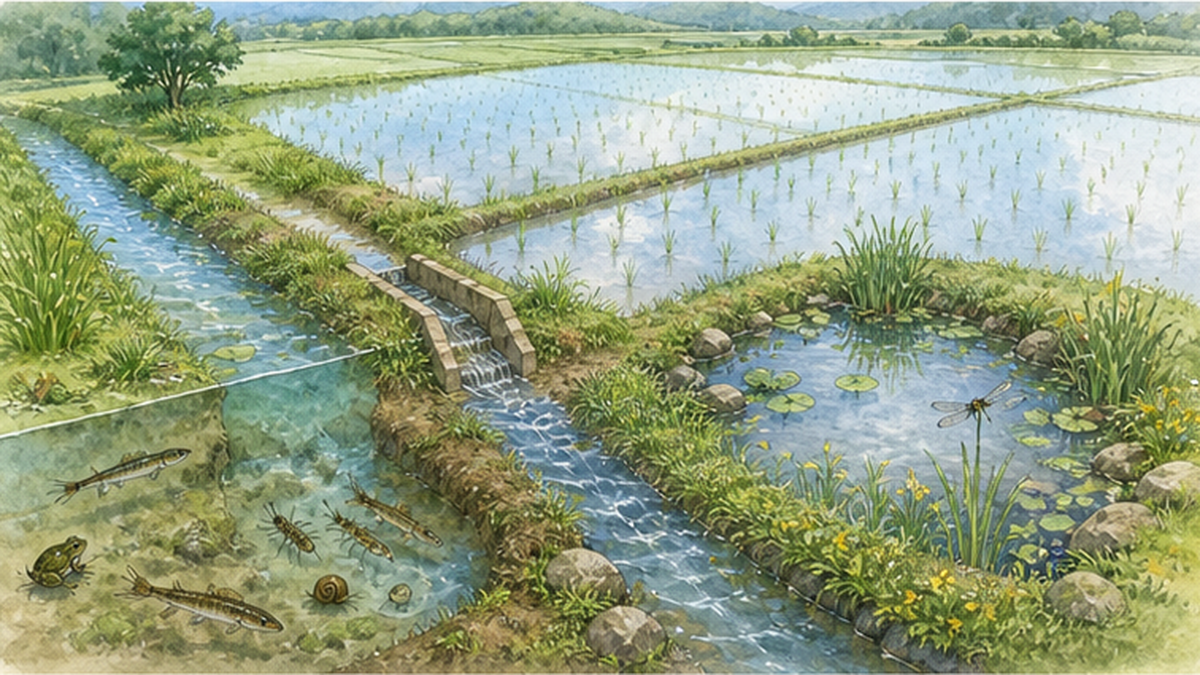 江・魚道・ビオトープ・冬期湛水を組み込んだ水田の断面図解