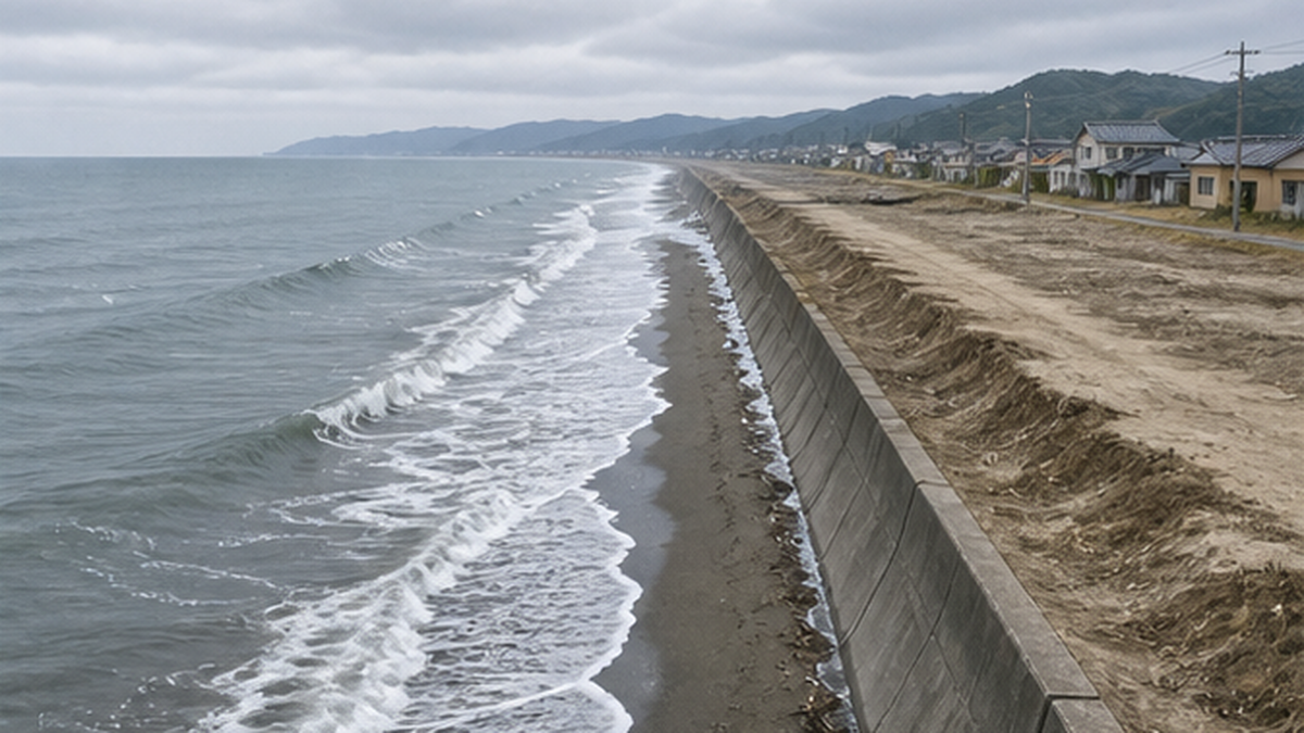 痩せた砂浜と護岸に打ち寄せる波、後退した汀線を示す海岸の風景