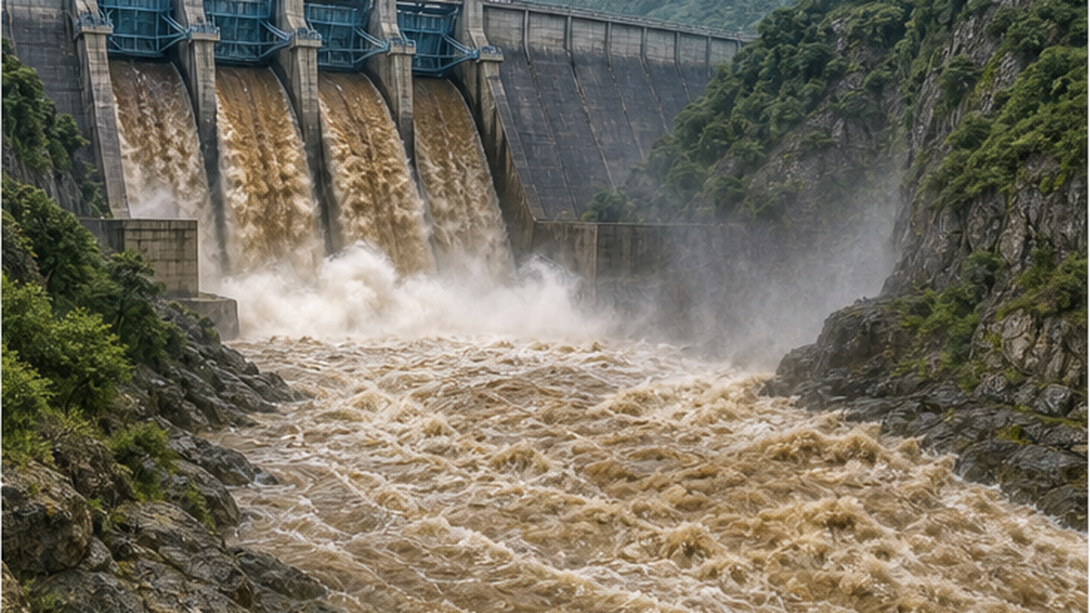 ダムの排砂ゲートから土砂を含んだ水が勢いよく流れ下る様子