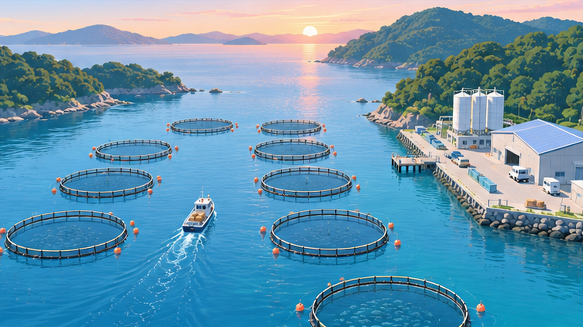 海に浮かぶ円形の養殖生け簀の上空から、餌を運ぶ作業船と岸の施設を見下ろしたイラスト