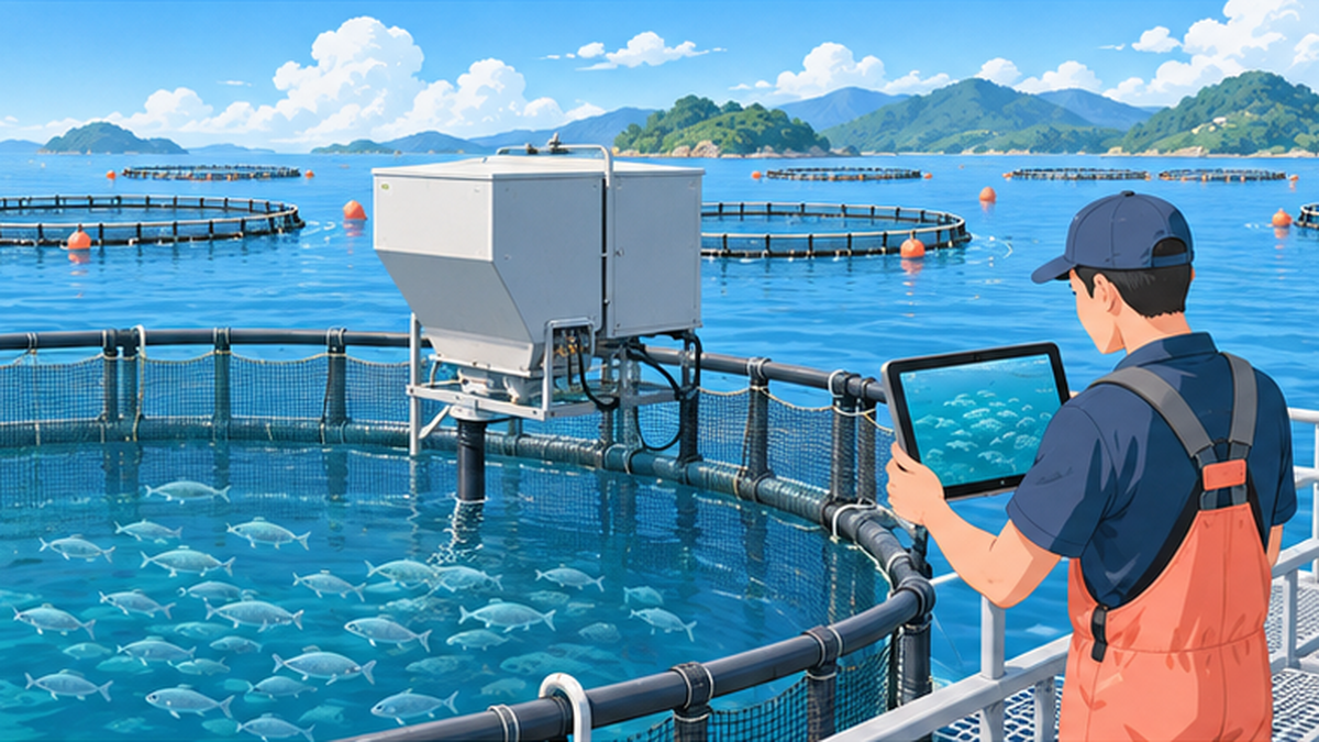 養殖生け簀の脇に浮かぶ自動給餌機と、水中カメラで魚の様子を映すタブレットを持つ作業者のイラスト