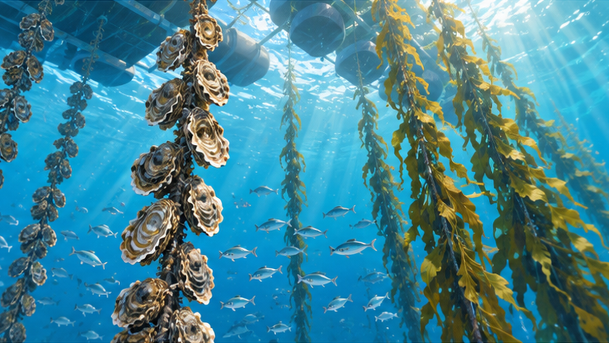 海中に吊るされたカキの養殖ロープと、隣で揺れるワカメの養殖ロープを水中から見上げたイラスト