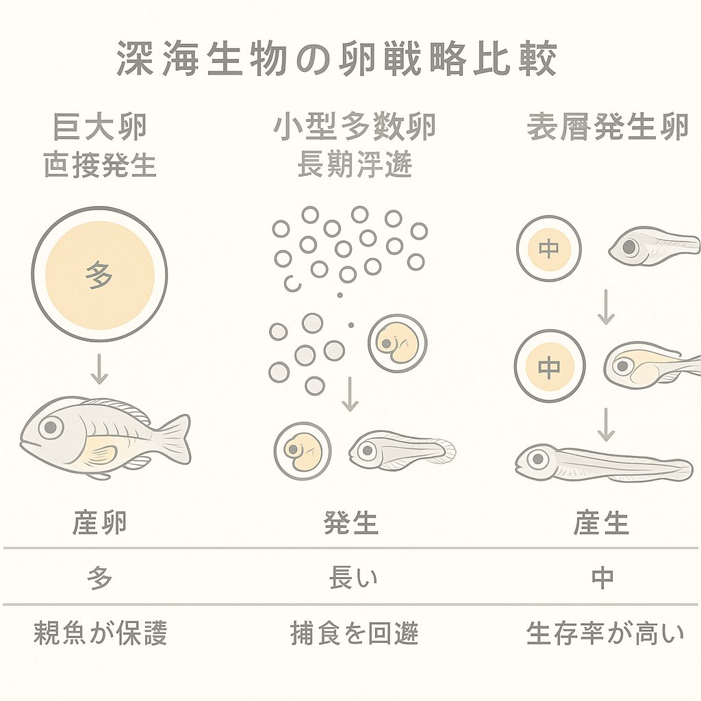 Comparison of egg strategies among deep-sea creatures: large eggs of direct development, small numerous eggs of long-term pelagic development, and surface-development eggs