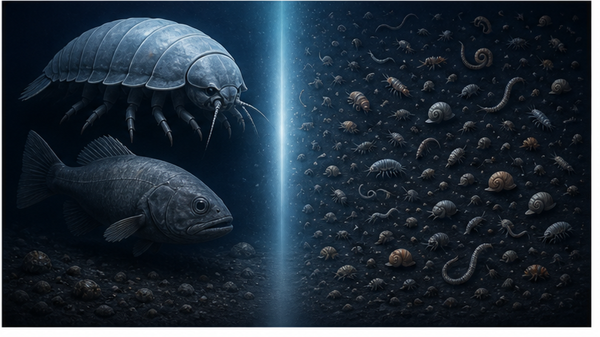 表示深海中大型化的生物与小型化的生物共存于同一环境的对比图解