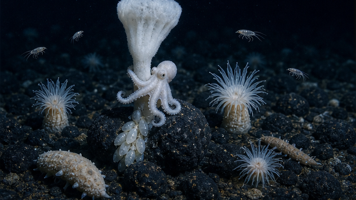 マンガン団塊の上で暮らすカイメン・イソギンチャク・白いタコなど深海生物のイメージ
