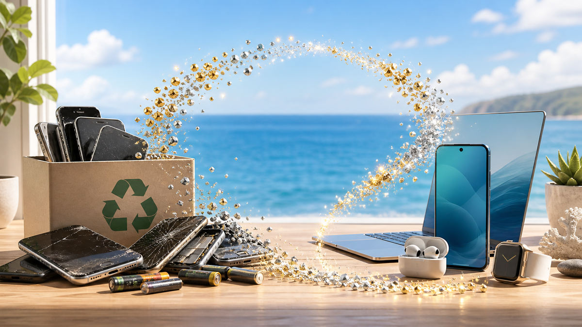 使用済みスマートフォンやバッテリーから金属を回収するリサイクルと深海保全のつながりを表すイメージ