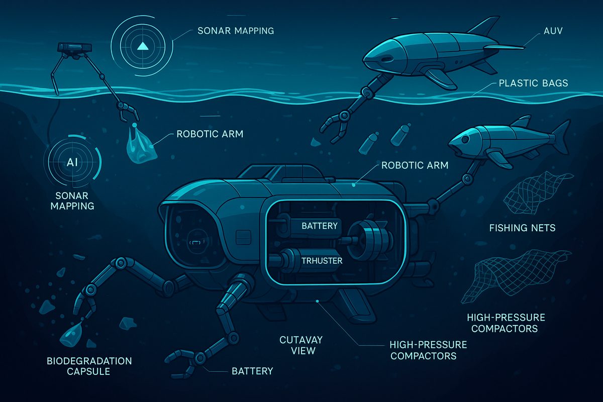Wide technical illustration showing the latest deep-sea debris removal technologies