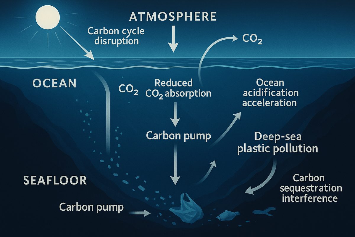 Wide earth-science illustration depicting the impact of deep-sea debris on Earth's climate system