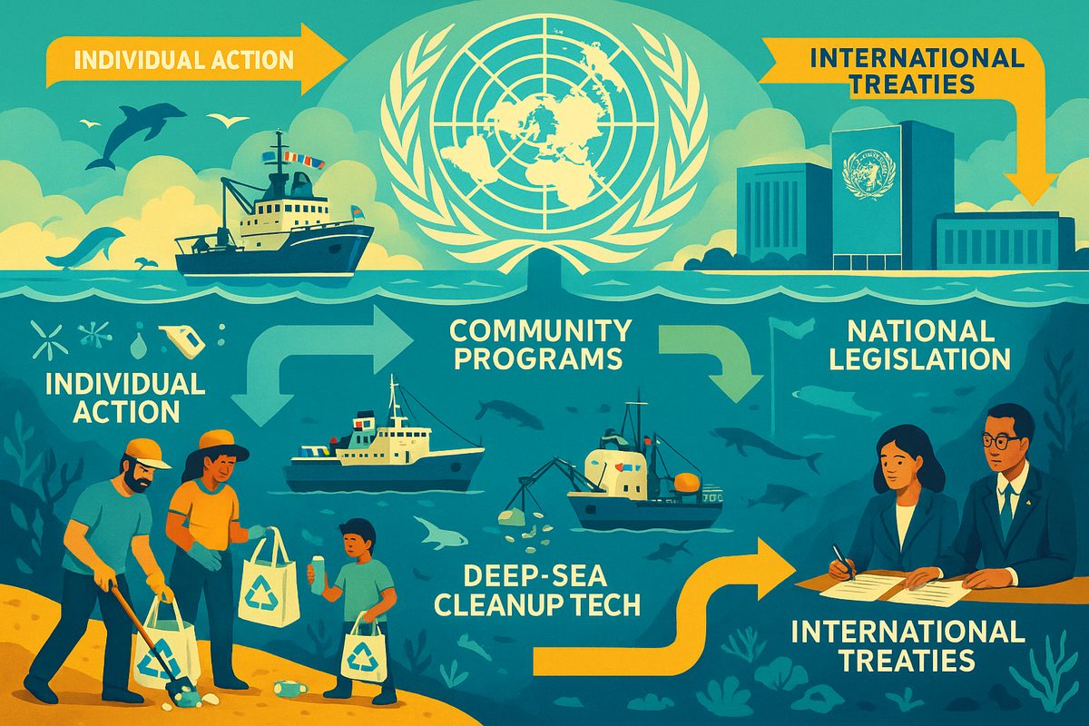 Wide action-oriented illustration showing international cooperation and individual action toward solving the deep-sea debris problem