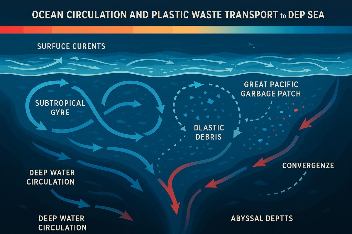 Wide oceanographic diagram showing the mechanism by which ocean circulation transports plastic debris to the deep sea