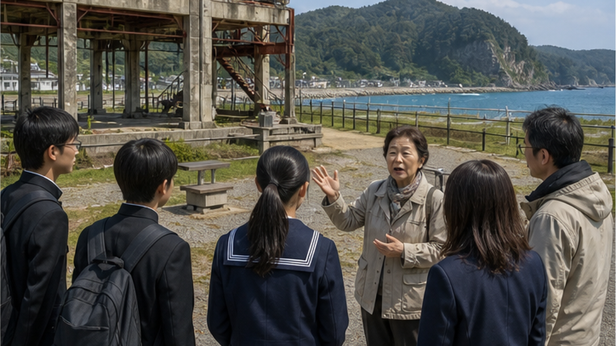 震災遺構の前で来訪者に語りかける語り部の姿