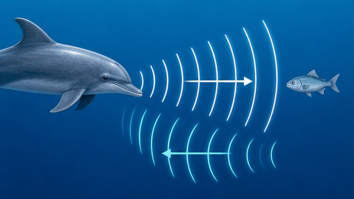 イルカが発した音波が魚に当たってはね返り、再びイルカに戻るまでの往復を示した図解