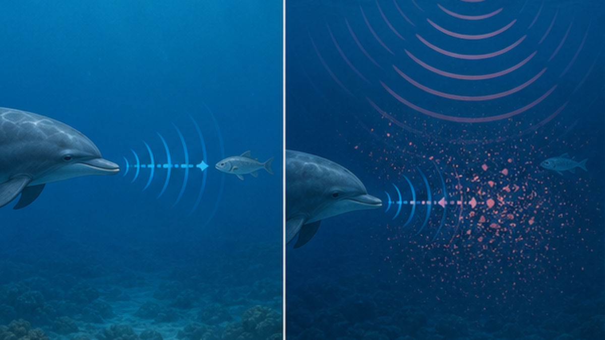 静かな海でエコーを聴くイルカと、船の騒音でエコーがかき消される様子を対比した図