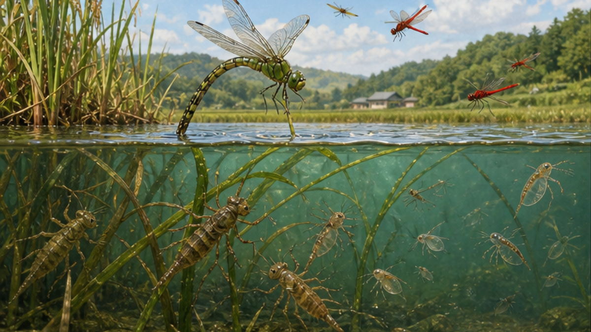 水草の茂るため池でトンボが産卵し、ヤゴが水中で暮らす様子の断面図