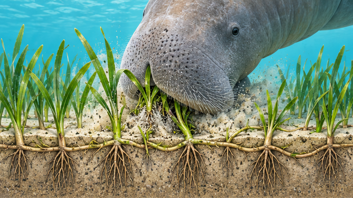ジュゴンが吻部で海底の海草を掘り返して食べる様子のイラスト