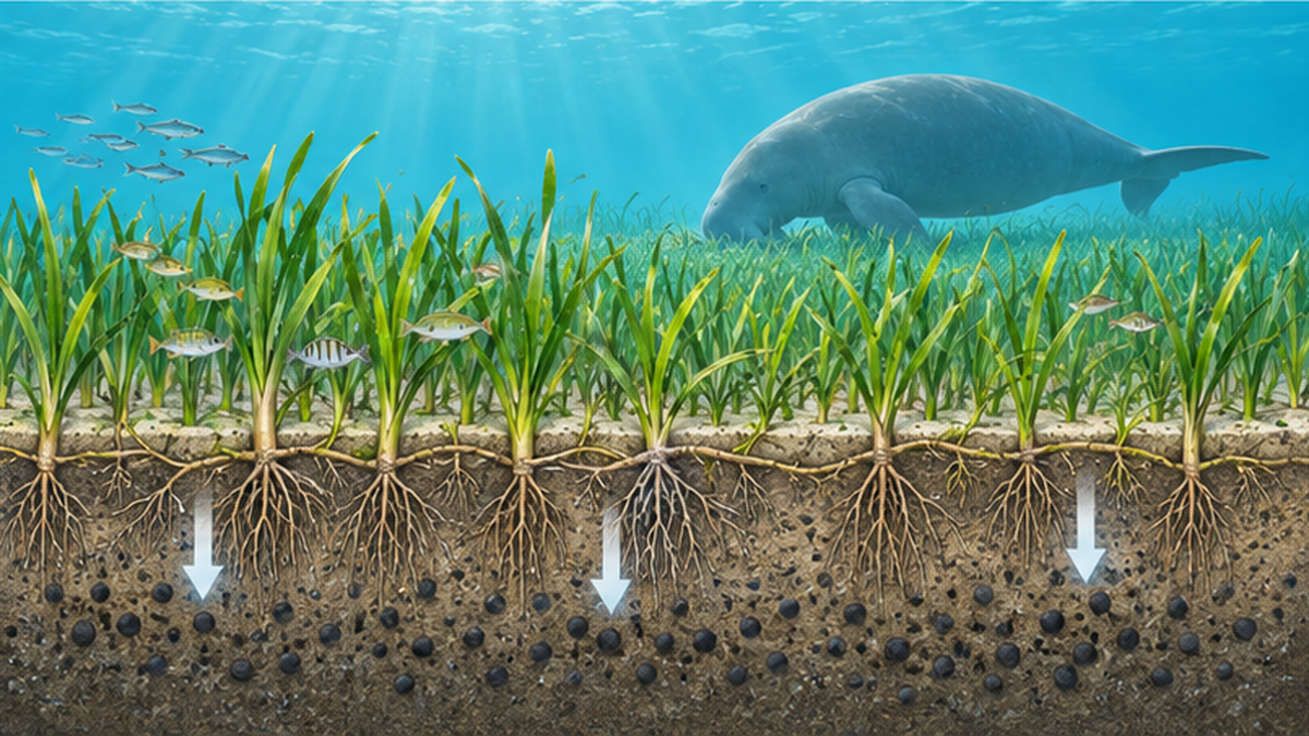 海草藻場が魚介類の生息場所とブルーカーボンの炭素貯留を担う様子を示す断面イラスト
