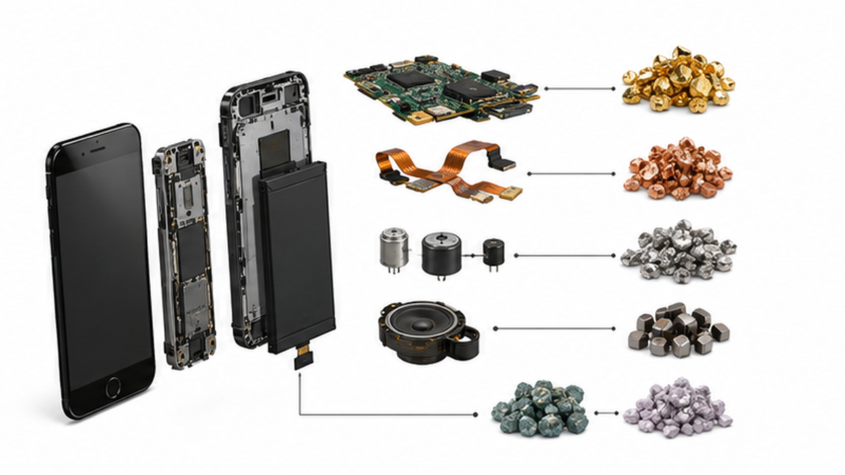 Exploded diagram of a smartphone. Lines run from the circuit board, camera, speaker, and battery to gold, silver, copper, tantalum, neodymium, and cobalt, showing where each metal is located