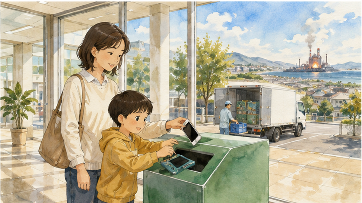 A parent and child placing an old smartphone and game console into a small appliance collection box at a public facility. A municipal collection truck is behind them, with a smelter chimney in the distance