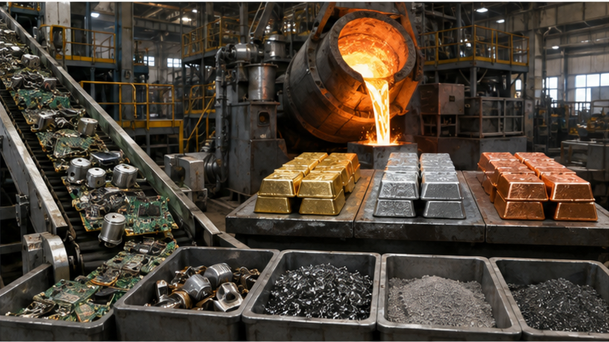 Inside a smelter: dismantled circuit boards and small motor magnets move along a sorting line, and gold, silver, and copper ingots and rare metal powder are drawn from the furnace