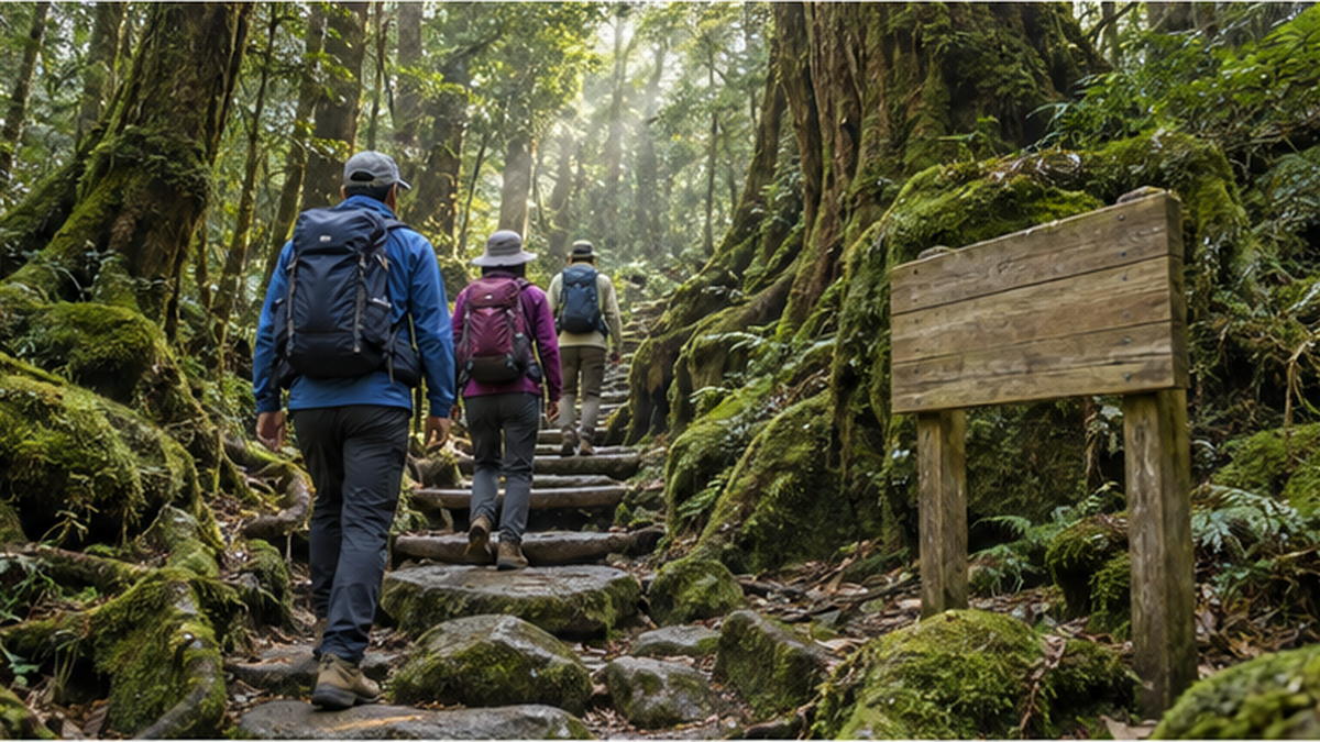 屋久島の森の中を歩く登山者と自然保護の看板