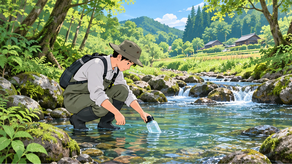 神戸の里山の水辺で研究者が水を採取している様子のイラスト